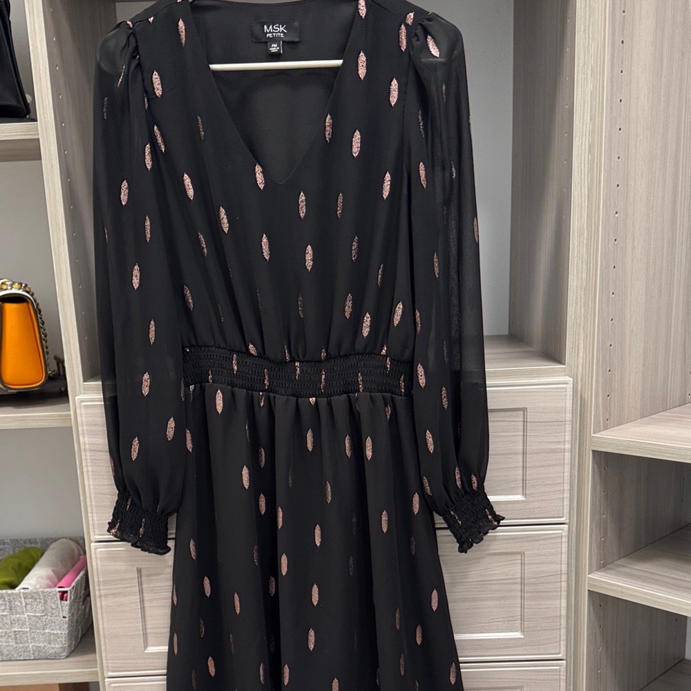 MSK Black Long Sleeve V-Neck Dress with Rose Gold Dot Print